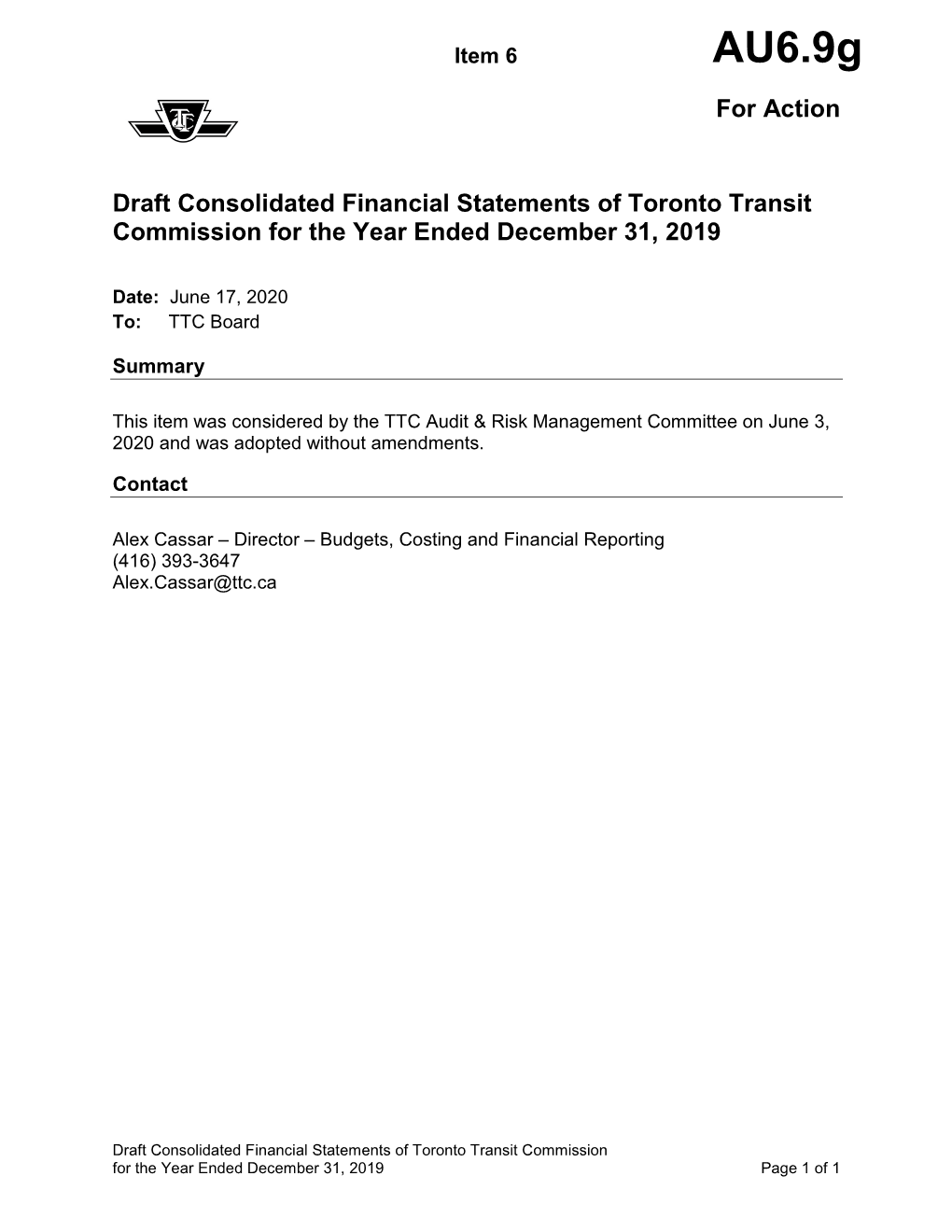 Draft Consolidated Financial Statements of Toronto Transit Commission for the Year Ended December 31, 2019