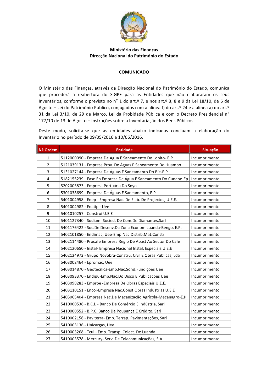 Ministério Das Finanças Direcção Nacional Do Património Do Estado