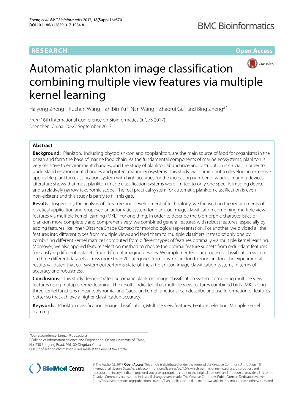 Automatic Plankton Image Classification Combining Multiple View Features Via Multiple Kernel Learning
