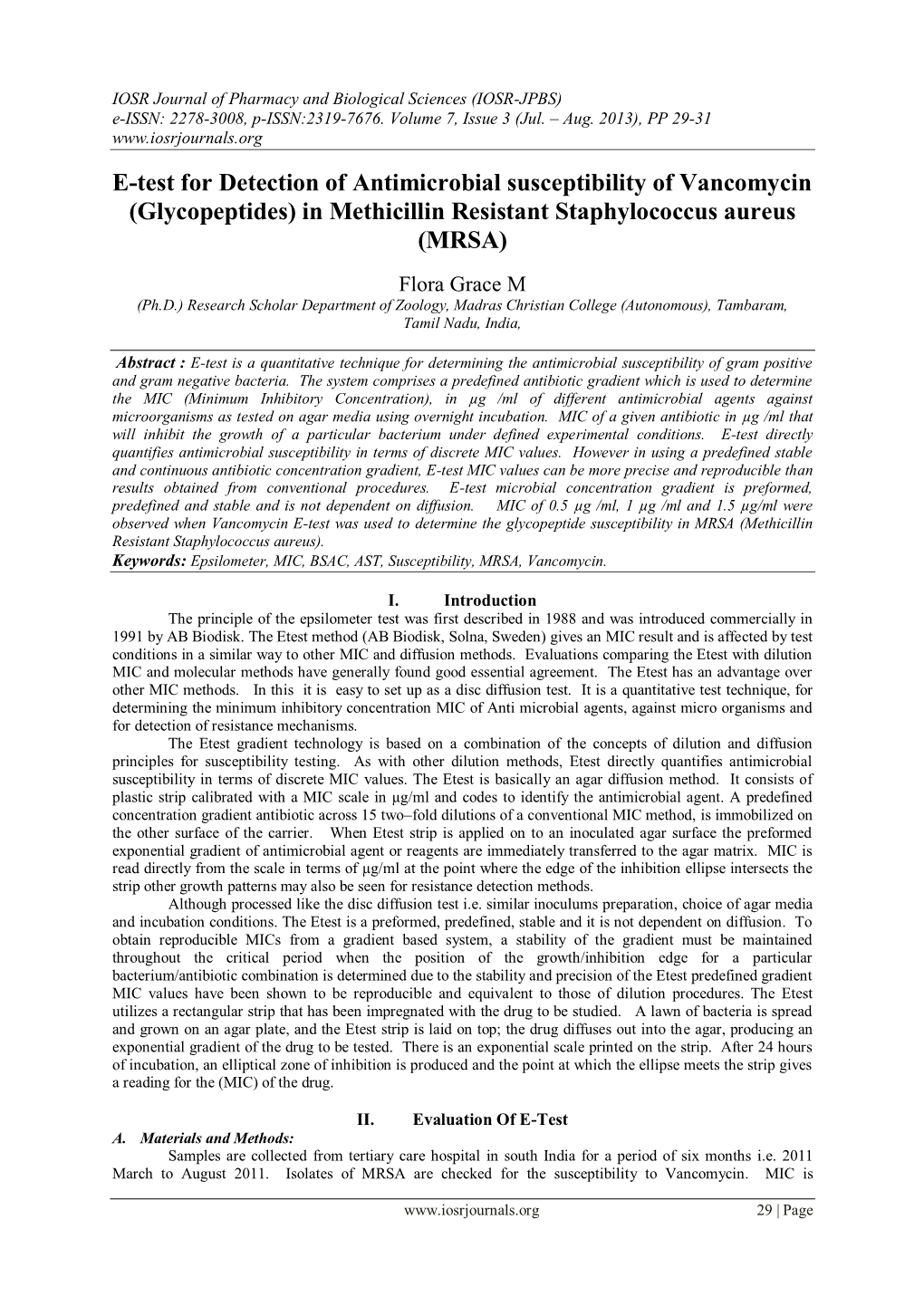 E-Test for Detection of Antimicrobial Susceptibility of Vancomycin (Glycopeptides) in Methicillin Resistant Staphylococcus Aureus (MRSA)