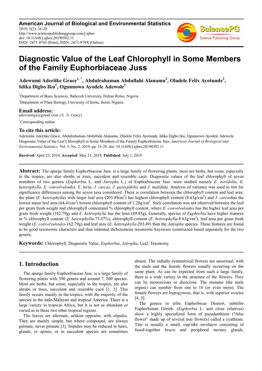 Diagnostic Value of the Leaf Chlorophyll in Some Members of the Family Euphorbiaceae Juss