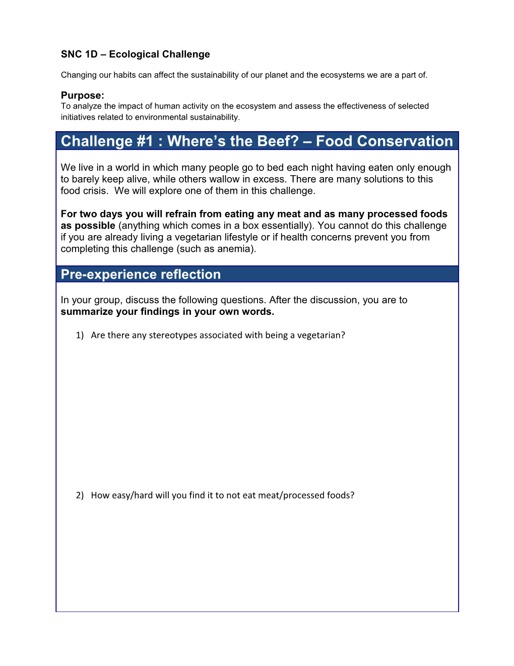 SNC 1D Ecological Challenge