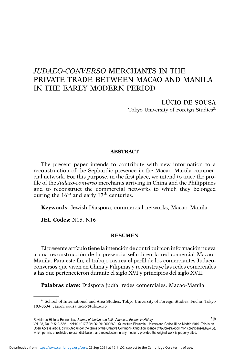 Judaeo-Converso Merchants in the Private Trade Between Macao and Manila in the Early Modern Period