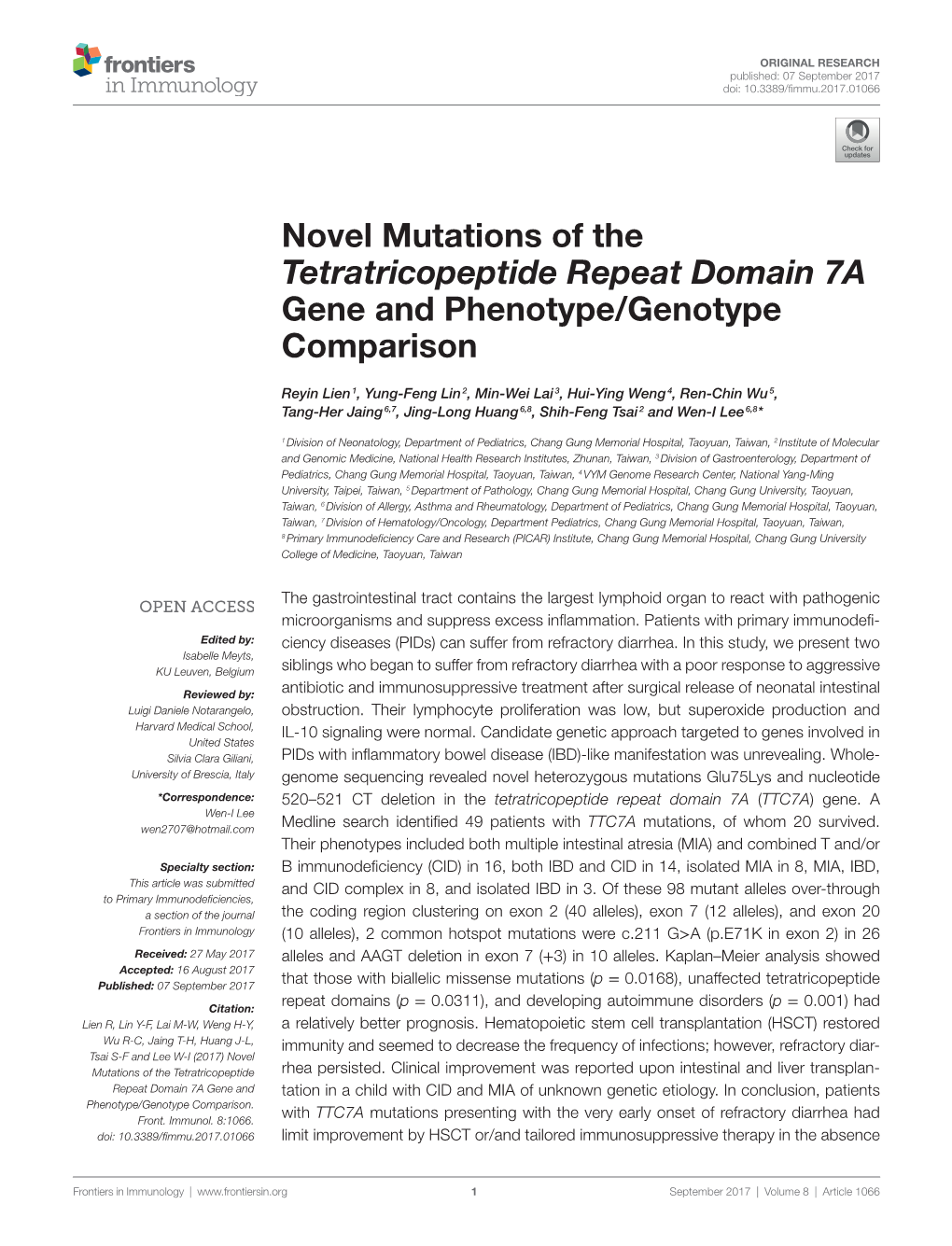 Novel Mutations of the Tetratricopeptide Repeat Domain 7A Gene and Phenotype/Genotype Comparison