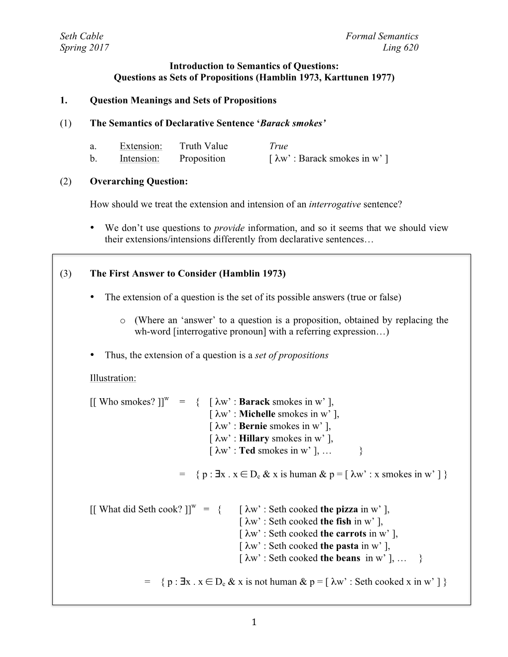 Seth Cable Formal Semantics Spring 2017 Ling 620 1 Introduction To