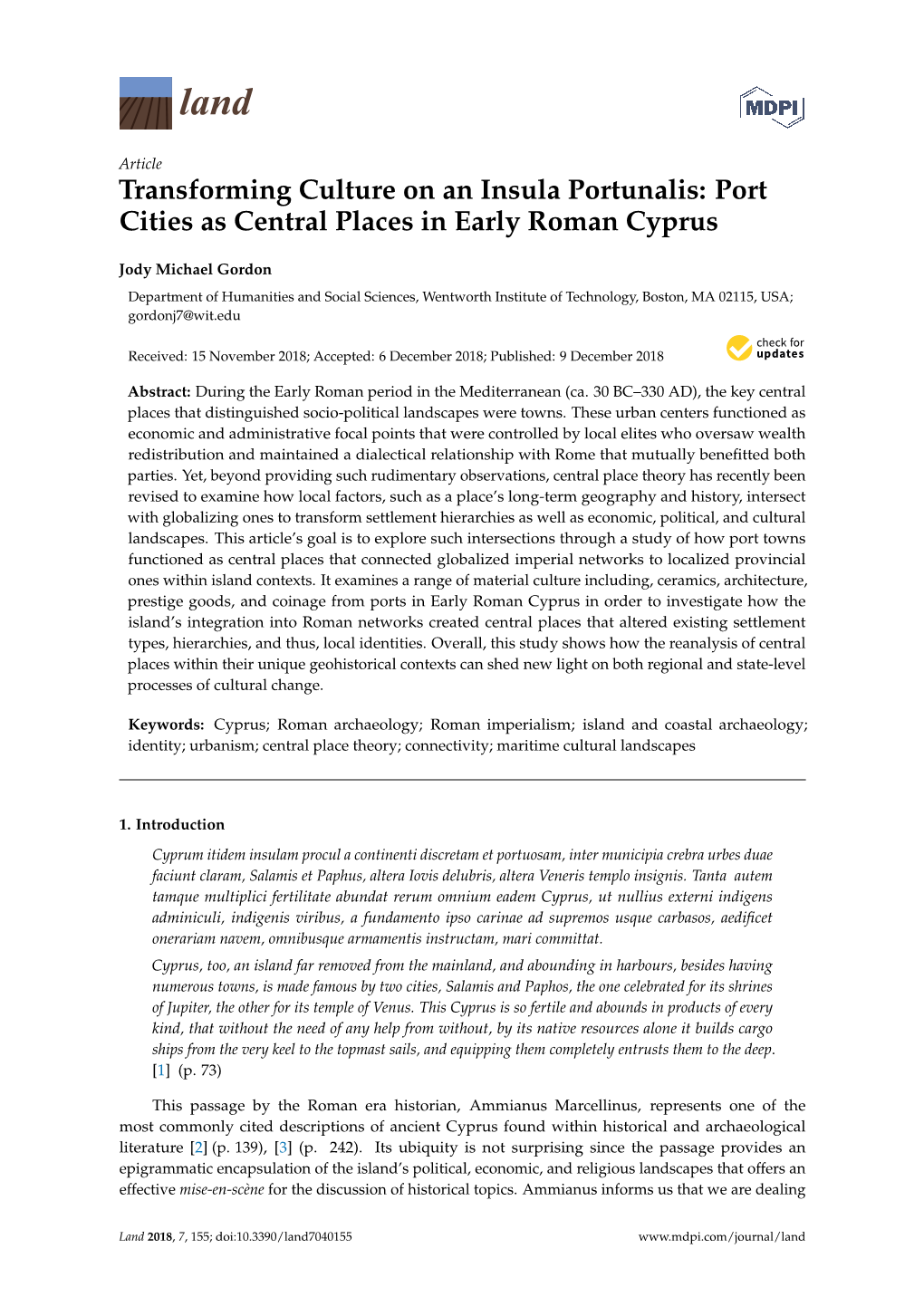 Port Cities As Central Places in Early Roman Cyprus
