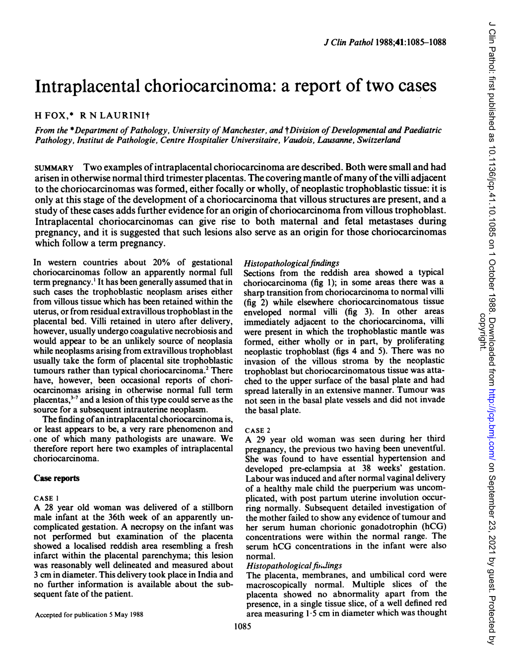 Intraplacental Choriocarcinoma: a Report of Two Cases