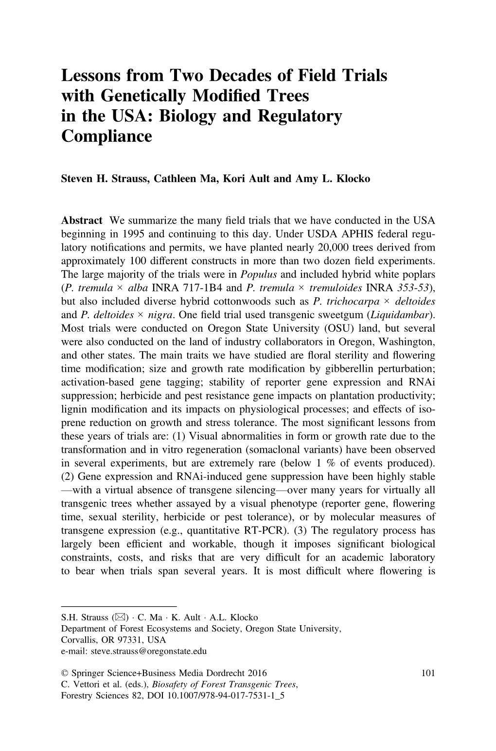 Lessons from Two Decades of Field Trials with Genetically Modified Trees in the USA: Biology and Regulatory Compliance