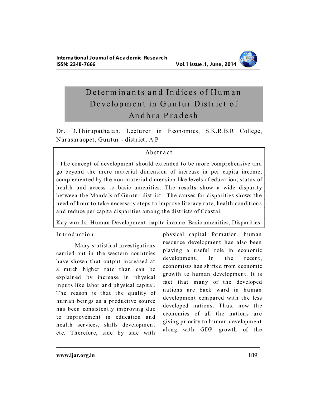 Determinants and Indices of Human Development in Guntur District of Andhra Pradesh