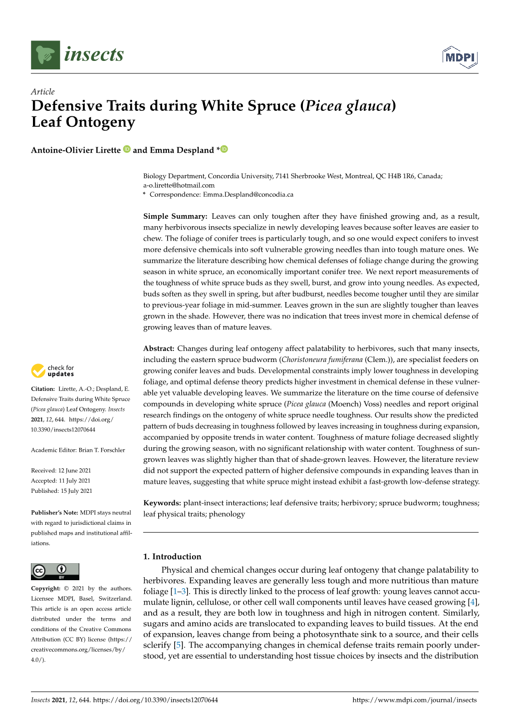 Defensive Traits During White Spruce (Picea Glauca) Leaf Ontogeny