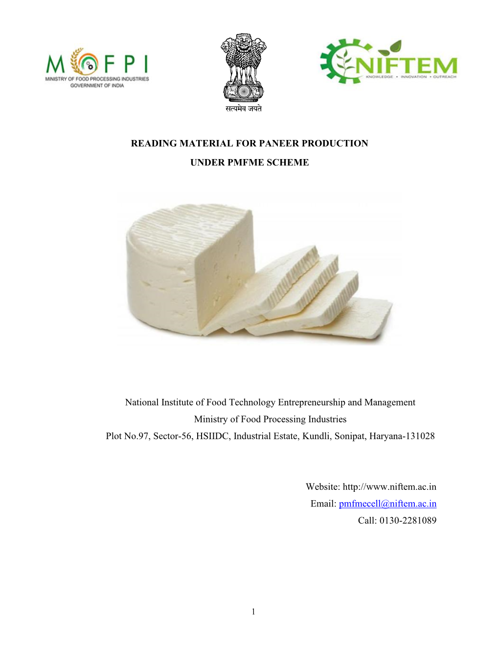 Reading Material for Paneer Production Under Pmfme Scheme