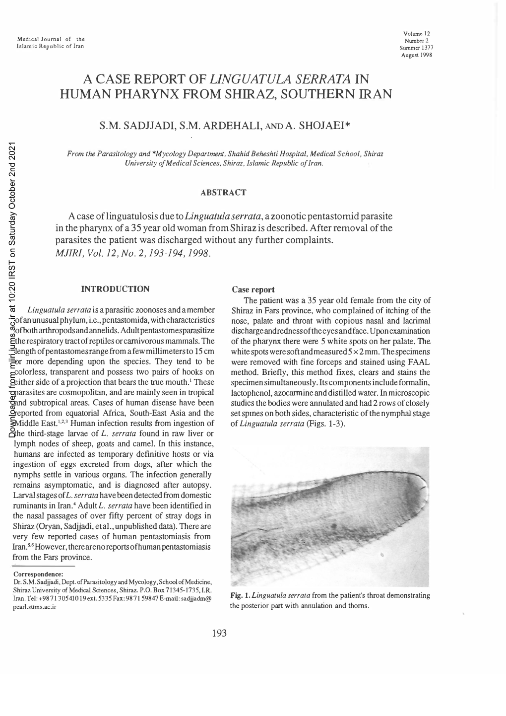 A Case Report of Linguatula Serrata in Human Pharynx from Shiraz, Southern Iran