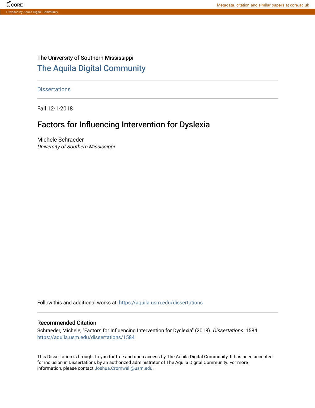 Factors for Influencing Intervention for Dyslexia