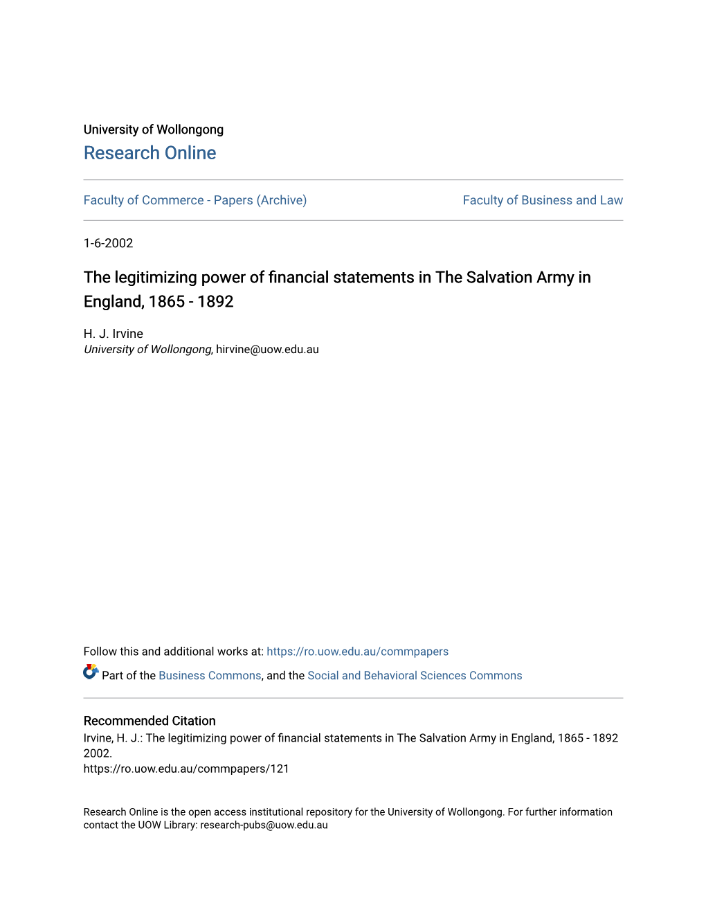 The Legitimizing Power of Financial Statements in the Salvation Army in England, 1865 - 1892