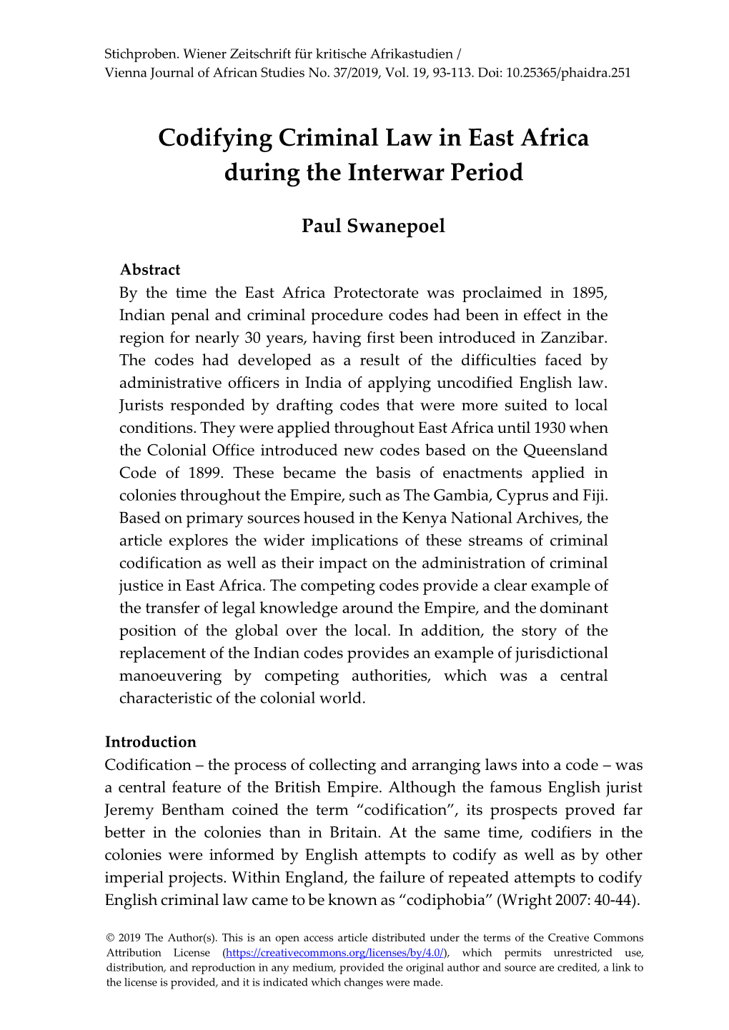 Codifying Criminal Law in East Africa During the Interwar Period