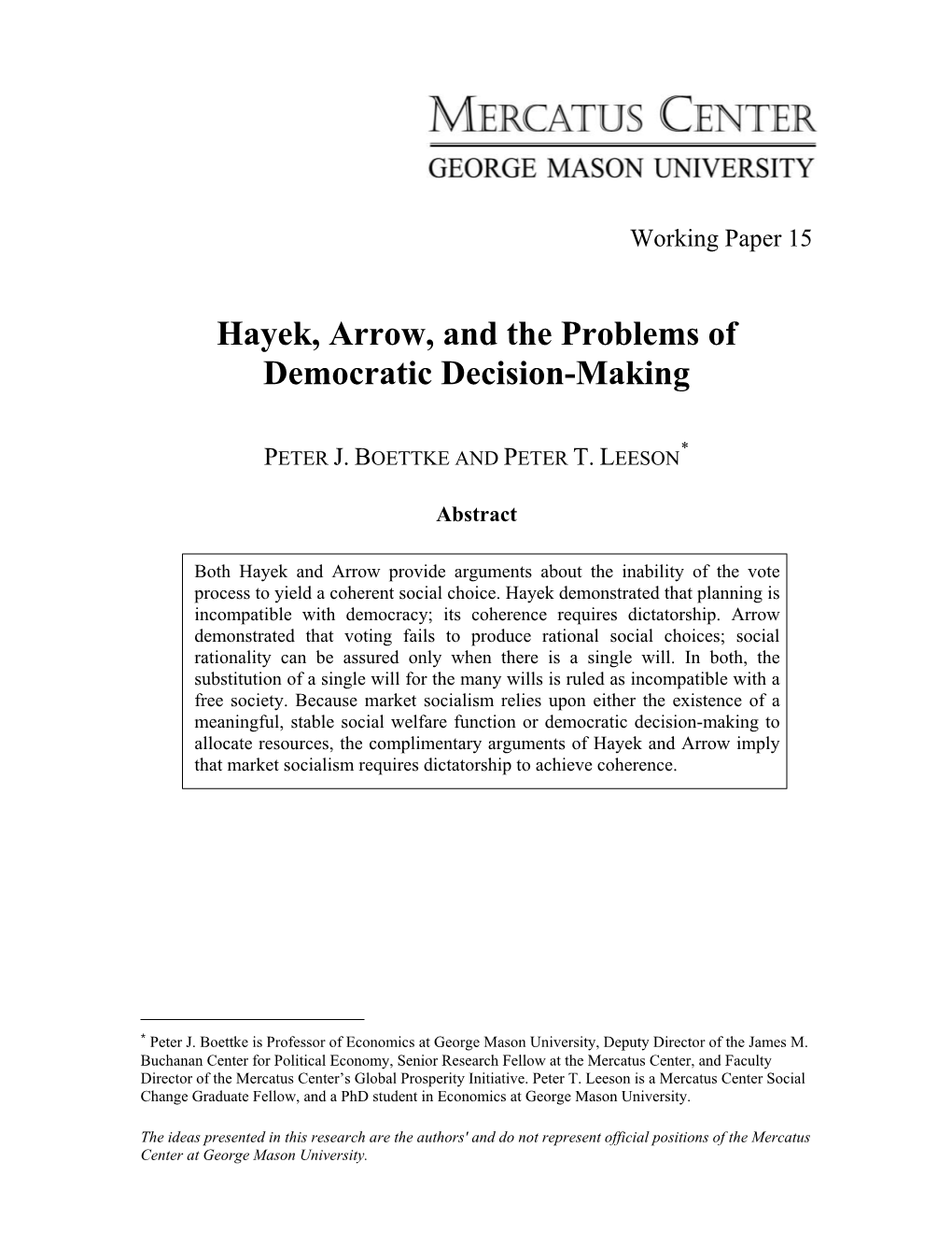 Hayek, Arrow, and the Problems of Democratic Decision-Making