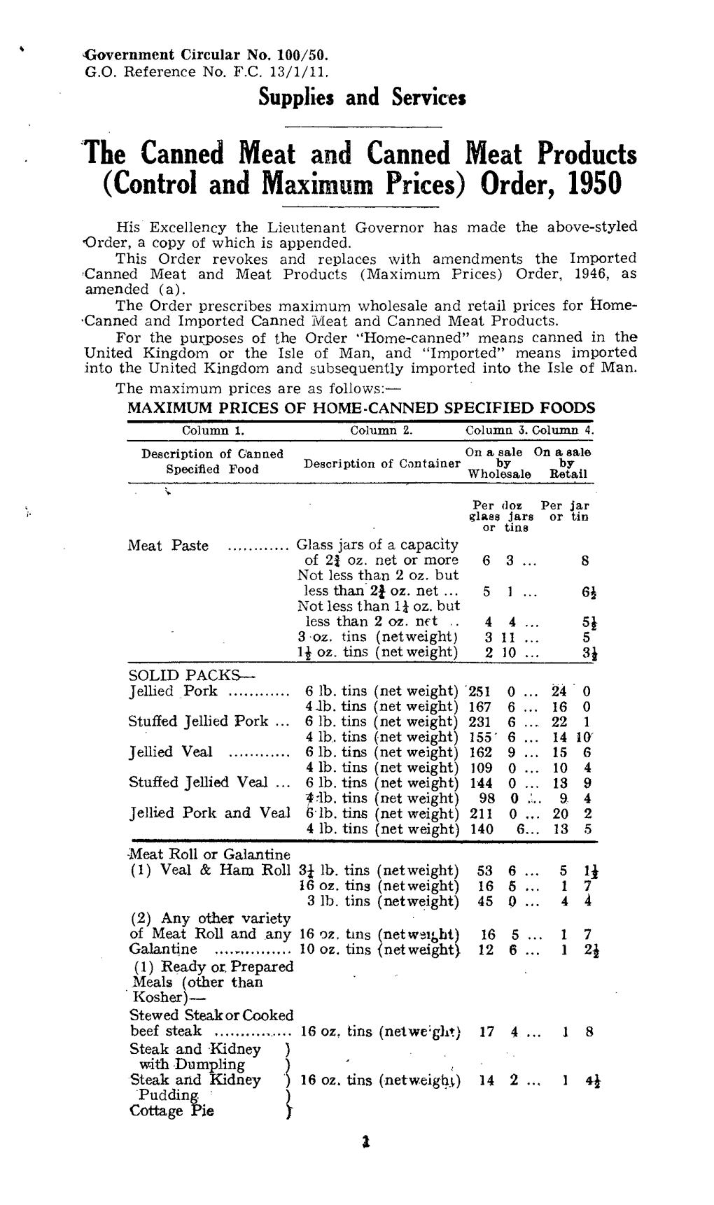 The Canned Meat and Canned Meat Products (Control and Maximum Prices) Order, 1950