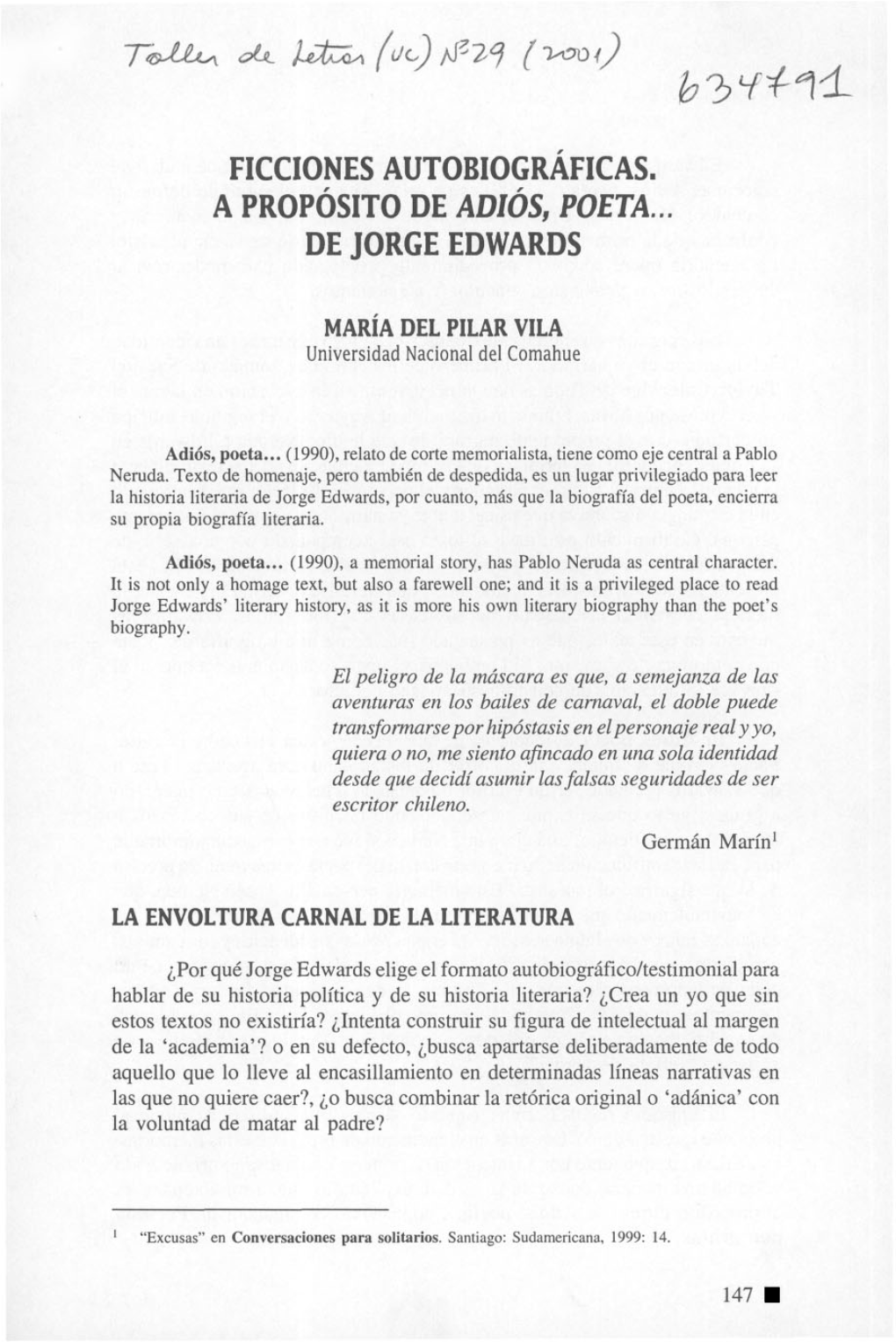 Ficciones Autobiográficas. a Propósito De Adiós, Poeta ... De Jorge Edwards