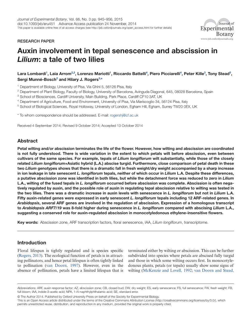 Auxin Involvement in Tepal Senescence and Abscission in Lilium: a Tale of Two Lilies