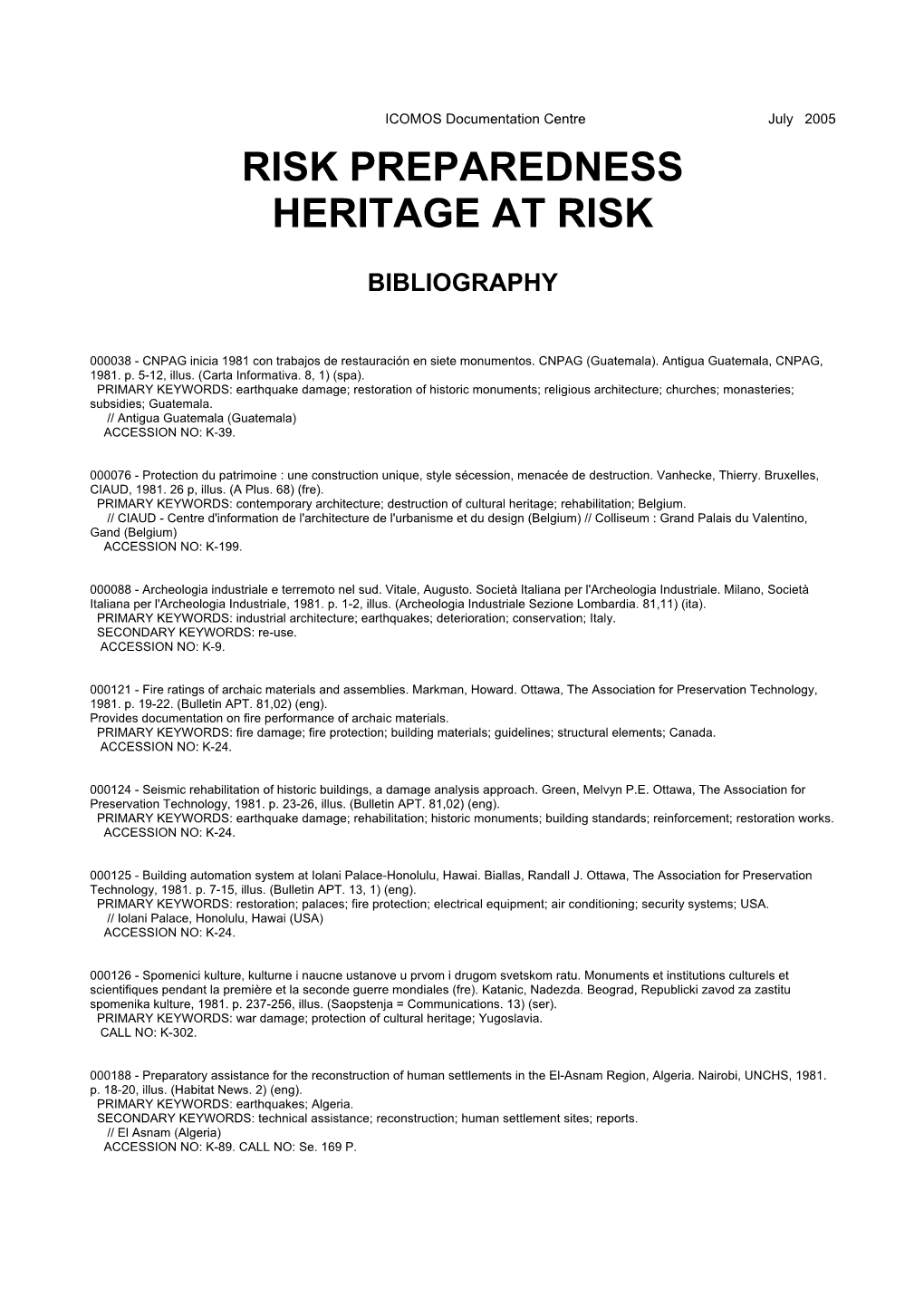 ICOMOS Risk Preparedness Heritage at Risk