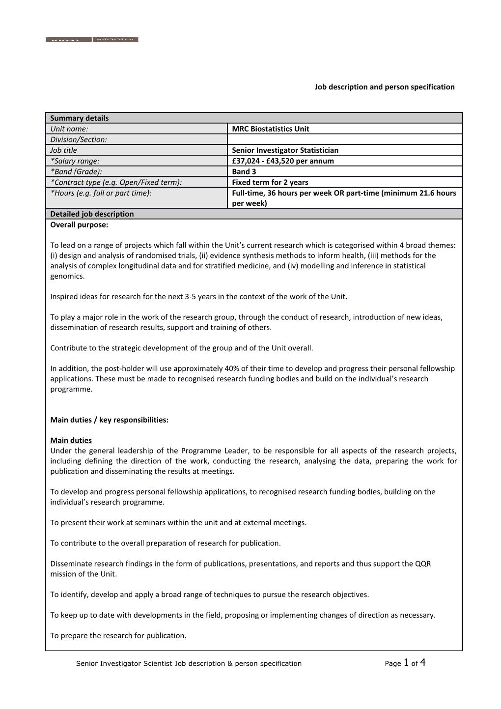 Job Description and Person Specification Template