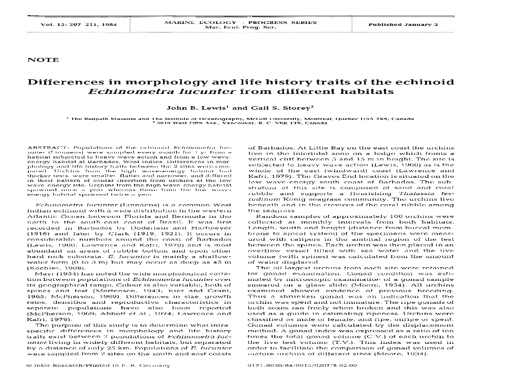 Differences in Morphology and Life History Traits of the Echinoid Echinometra Lucunter from Different Habitats