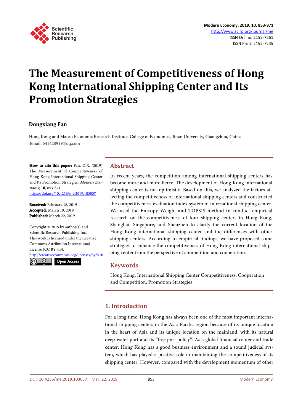 The Measurement of Competitiveness of Hong Kong International Shipping Center and Its Promotion Strategies