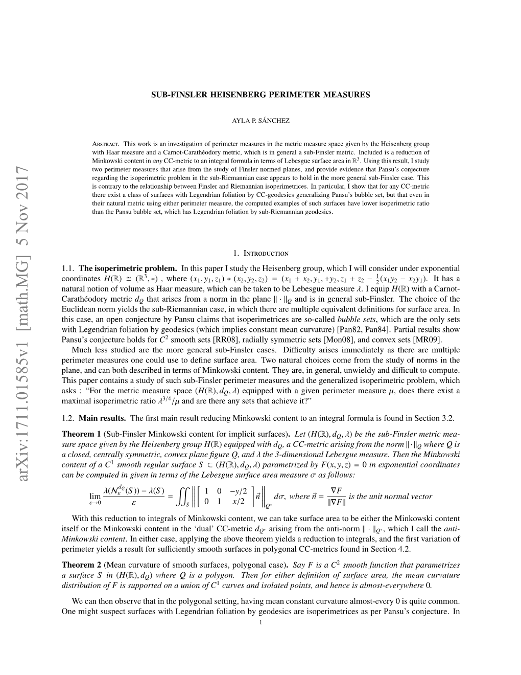 Arxiv:1711.01585V1 [Math.MG] 5 Nov 2017