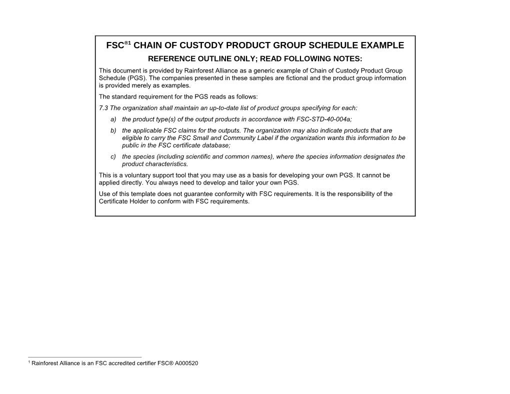 FSC Product Group Schedule