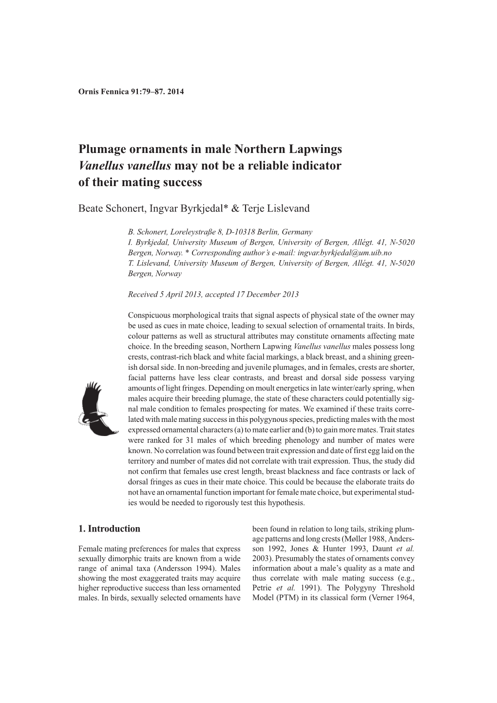 Plumage Ornaments in Male Northern Lapwings Vanellus Vanellus May Not Be a Reliable Indicator of Their Mating Success