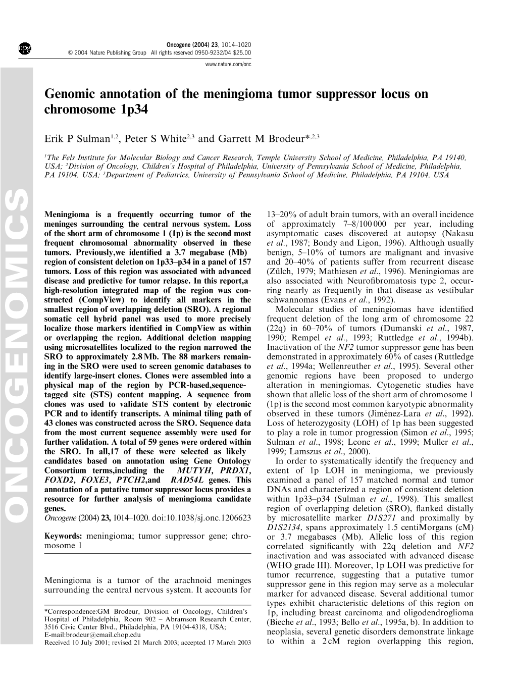 Genomic Annotation of the Meningioma Tumor Suppressor Locus on Chromosome 1P34