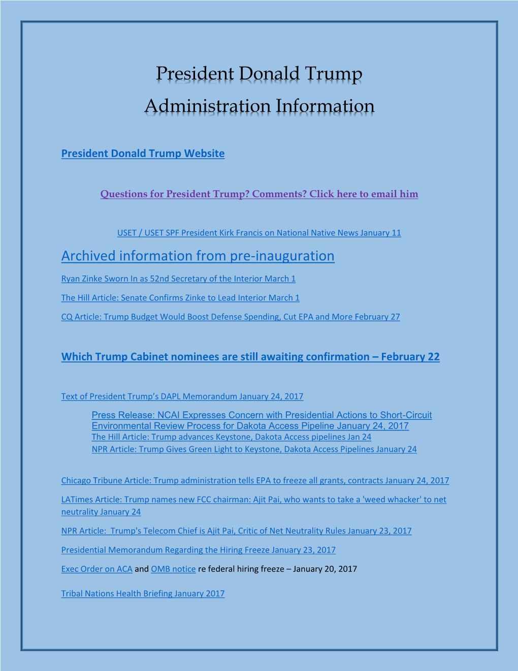 President Donald Trump Administration Information