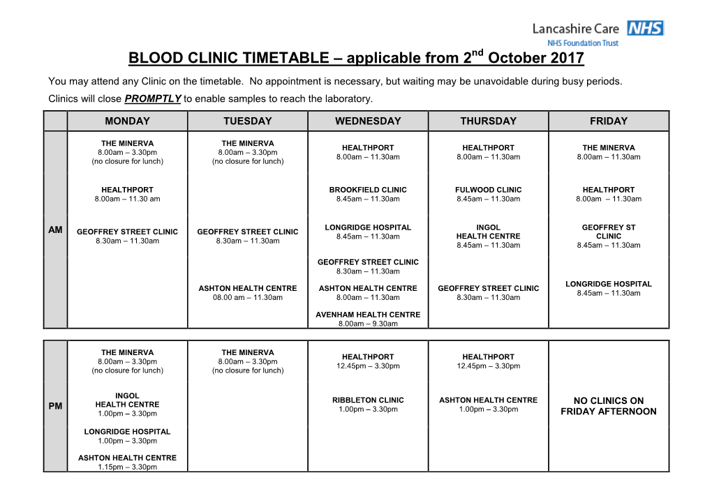 BLOOD CLINIC TIMETABLE – Applicable from 2 October 2017