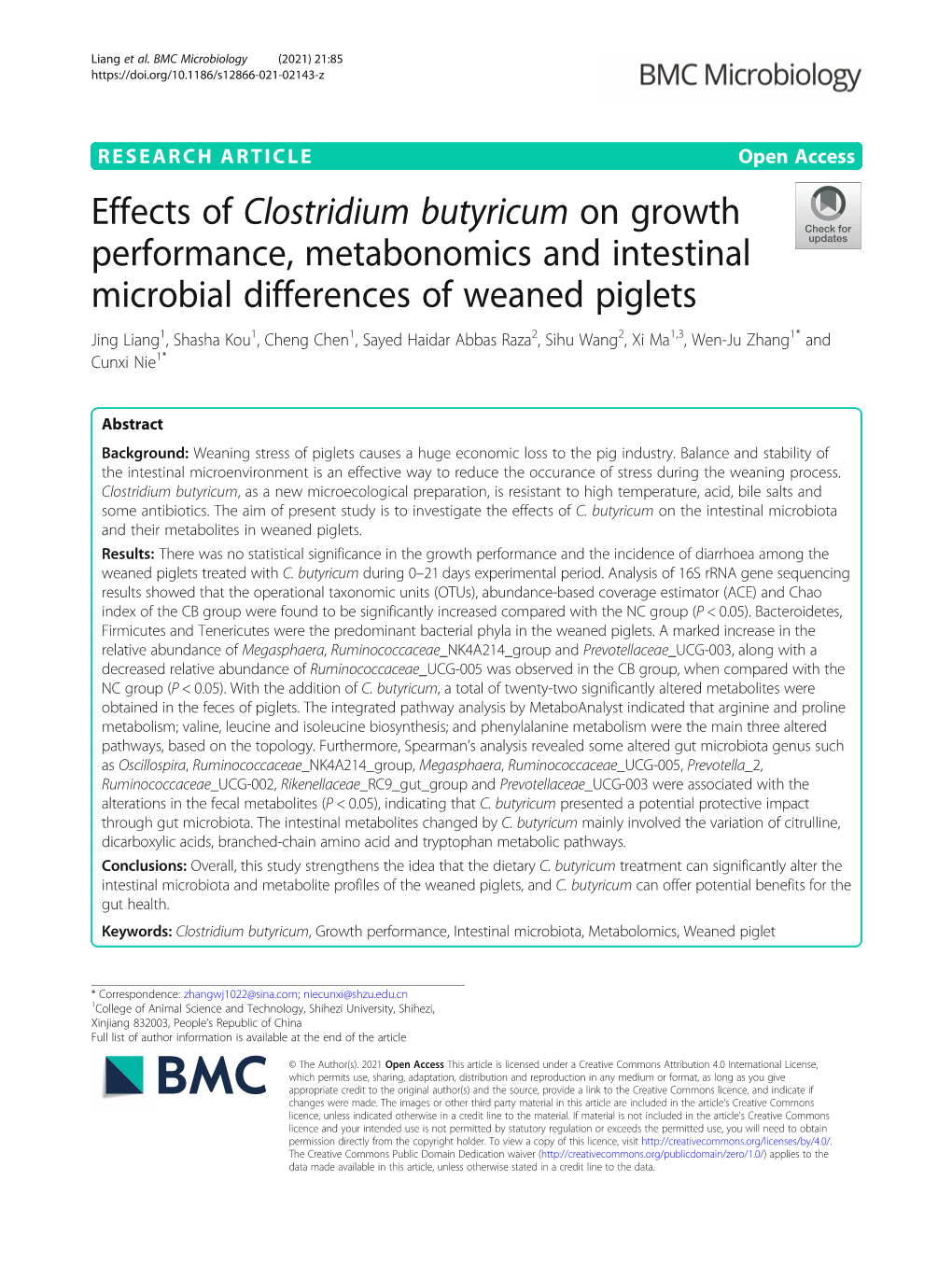 Effects of Clostridium Butyricum on Growth Performance, Metabonomics