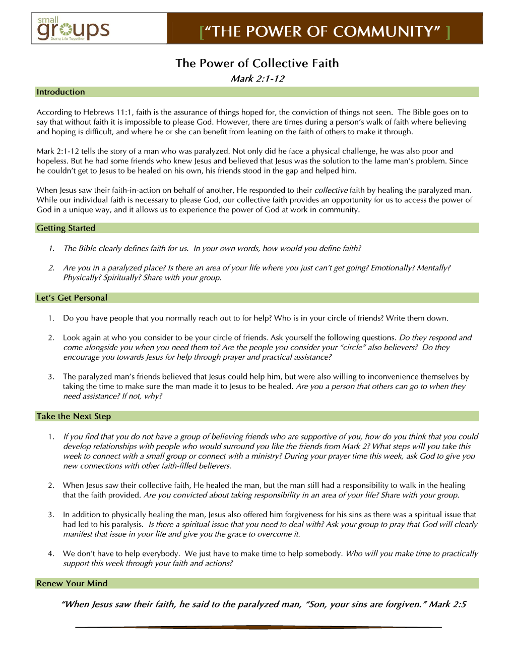 Power of Collective Faith Mark 2:1-12 Introduction