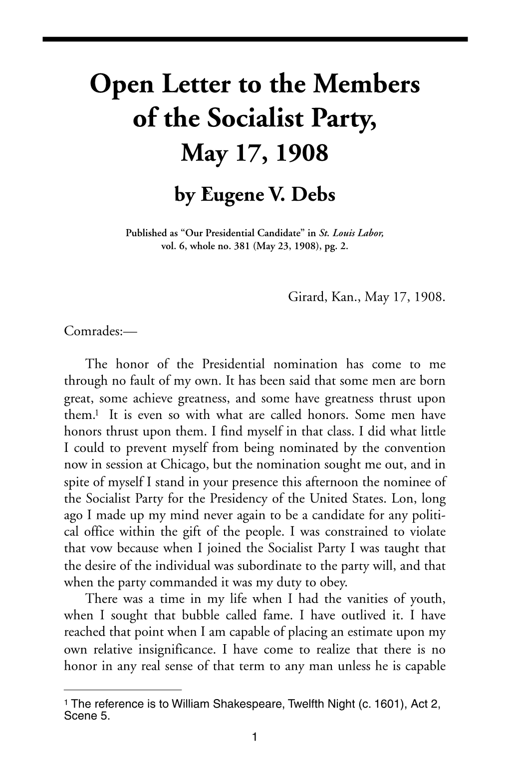 Open Letter to the Members of the Socialist Party, May 17, 1908 by Eugene V