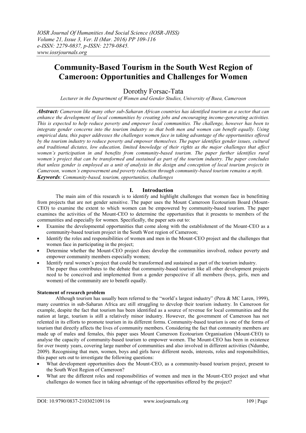 Community-Based Tourism in the South West Region of Cameroon: Opportunities and Challenges for Women
