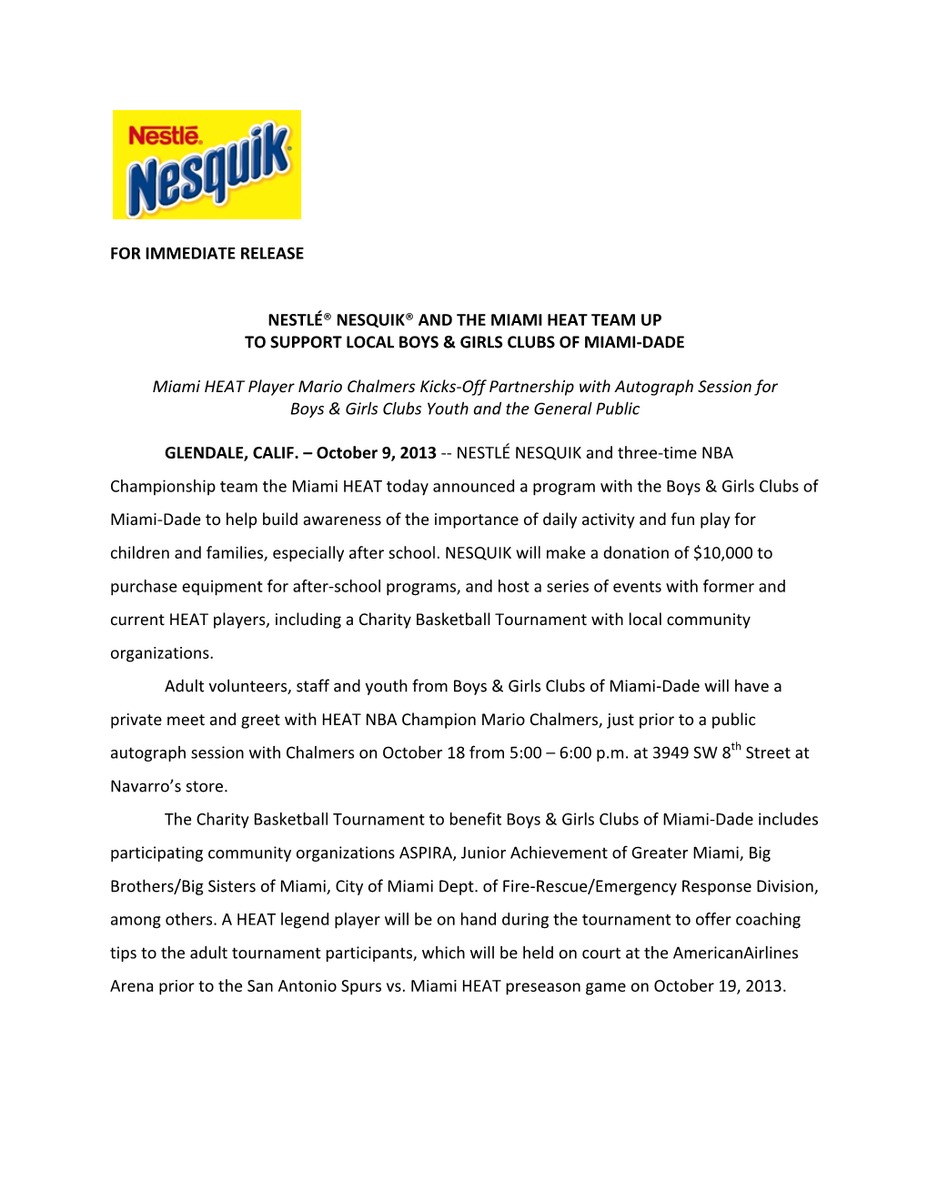 For Immediate Release Nestlé® Nesquik® and the Miami