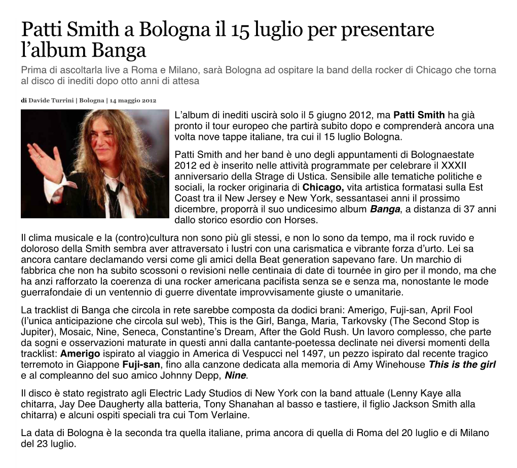 Patti Smith a Bologna Il 15 Luglio Per Presentare L'album Banga – Il