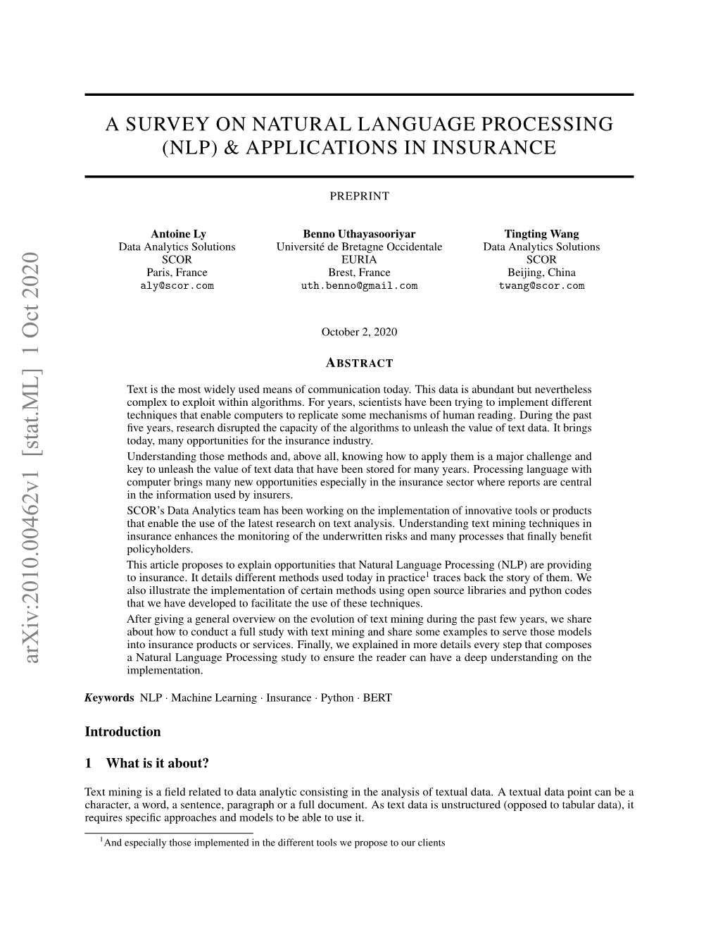 A Survey on Natural Language Processing (Nlp)&Applicationsininsurance