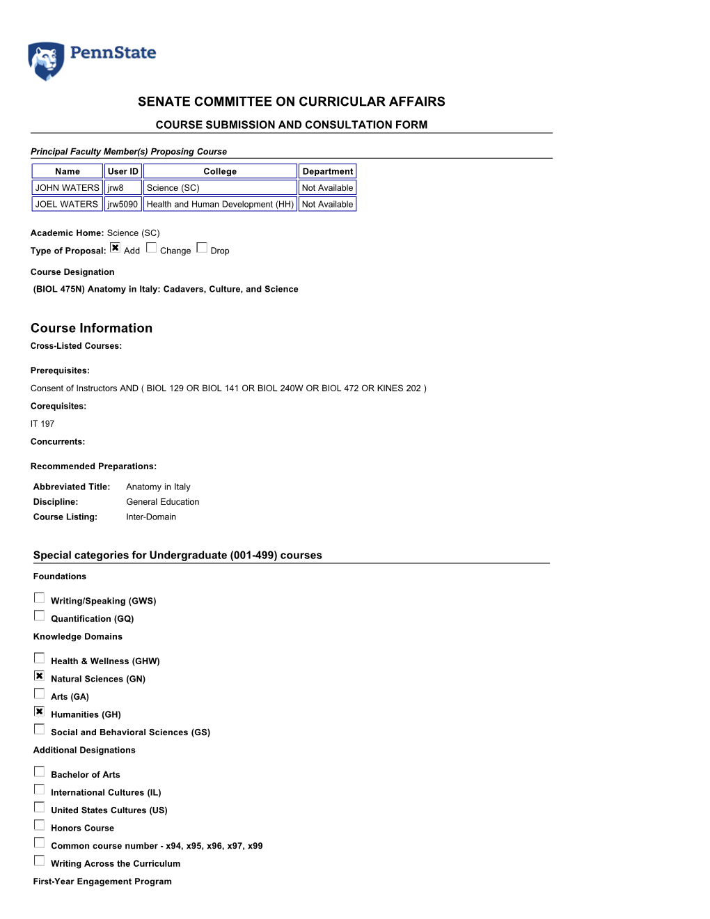 BIOL 475N Anatomy in Italy