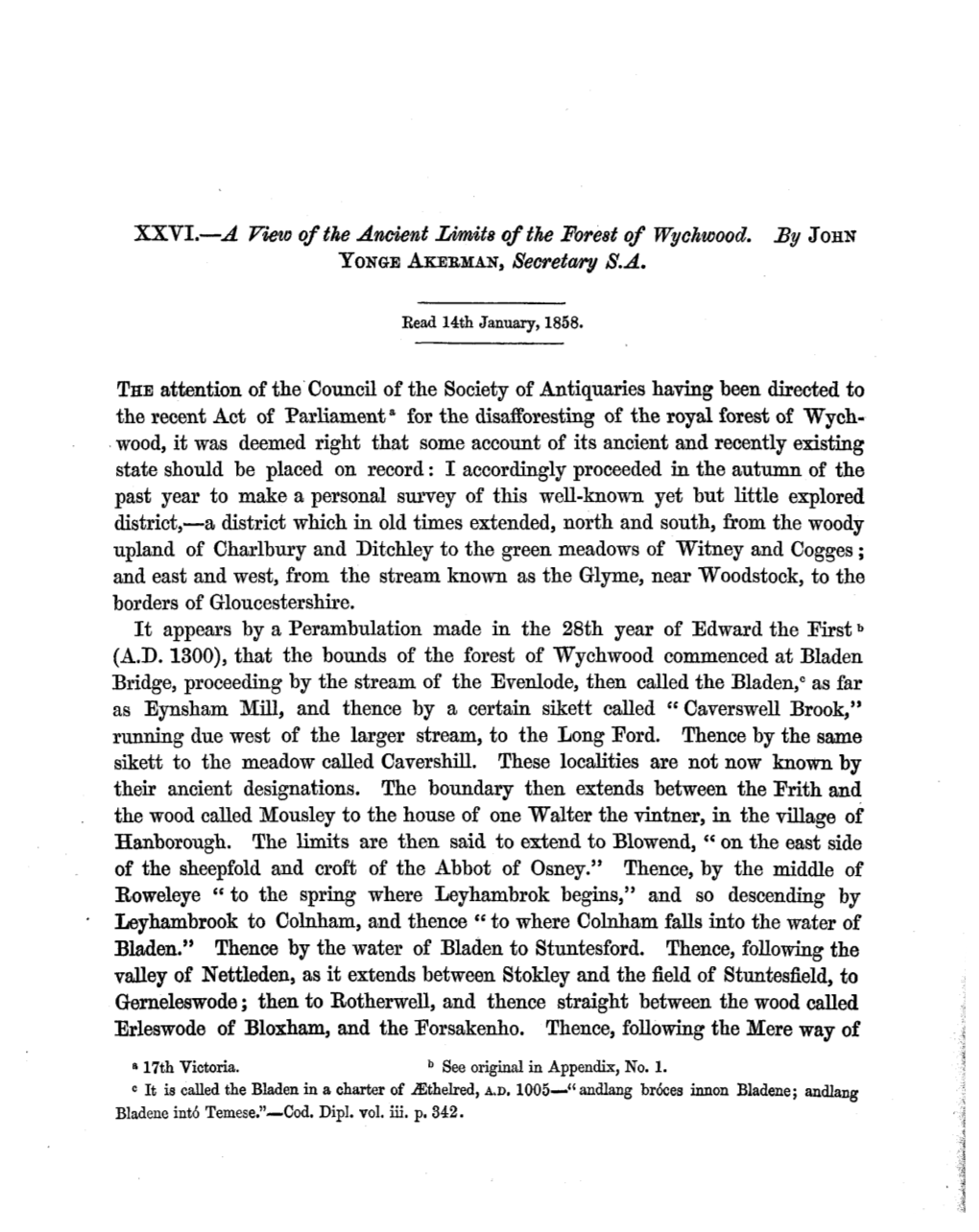 A View of the Ancient Limits of the Forest of Wychwood. by JOHN YONGE AKEBMAN, Secretary S.A