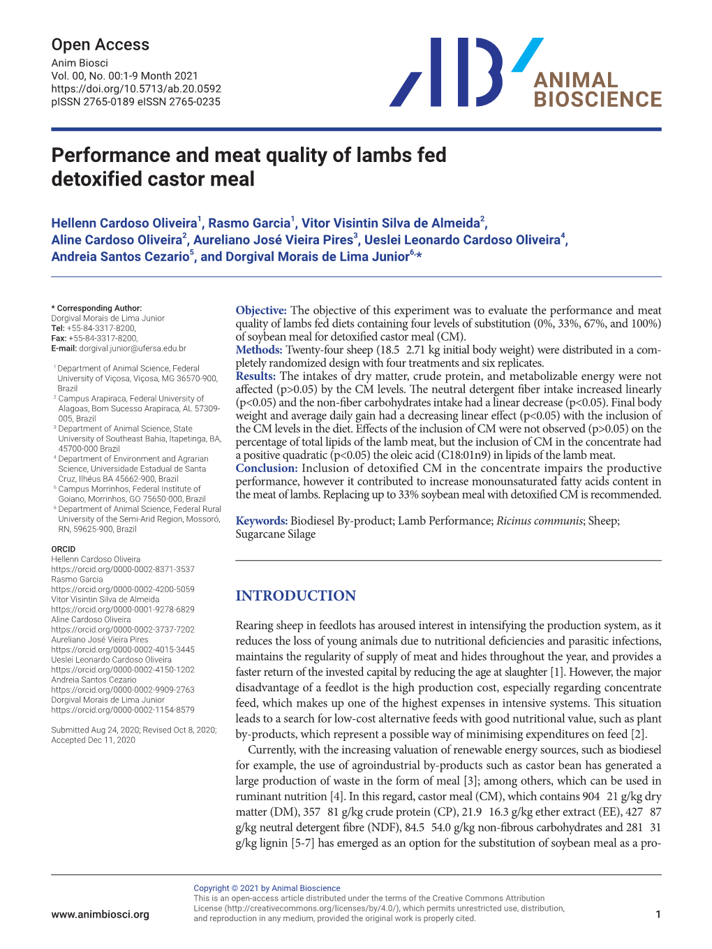 Performance and Meat Quality of Lambs Fed Detoxified Castor Meal