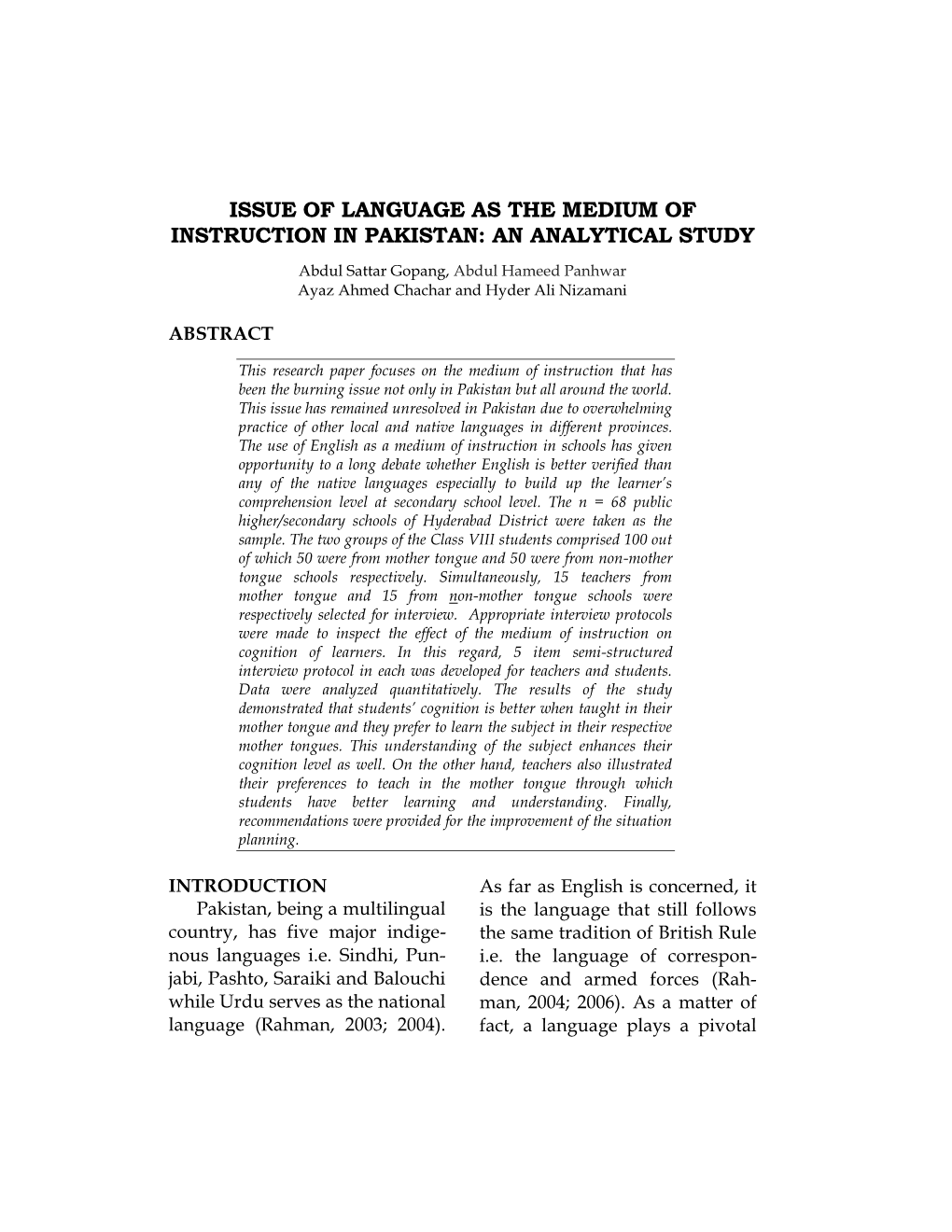 Issue of Language As the Medium of Instruction in Pakistan: an Analytical Study