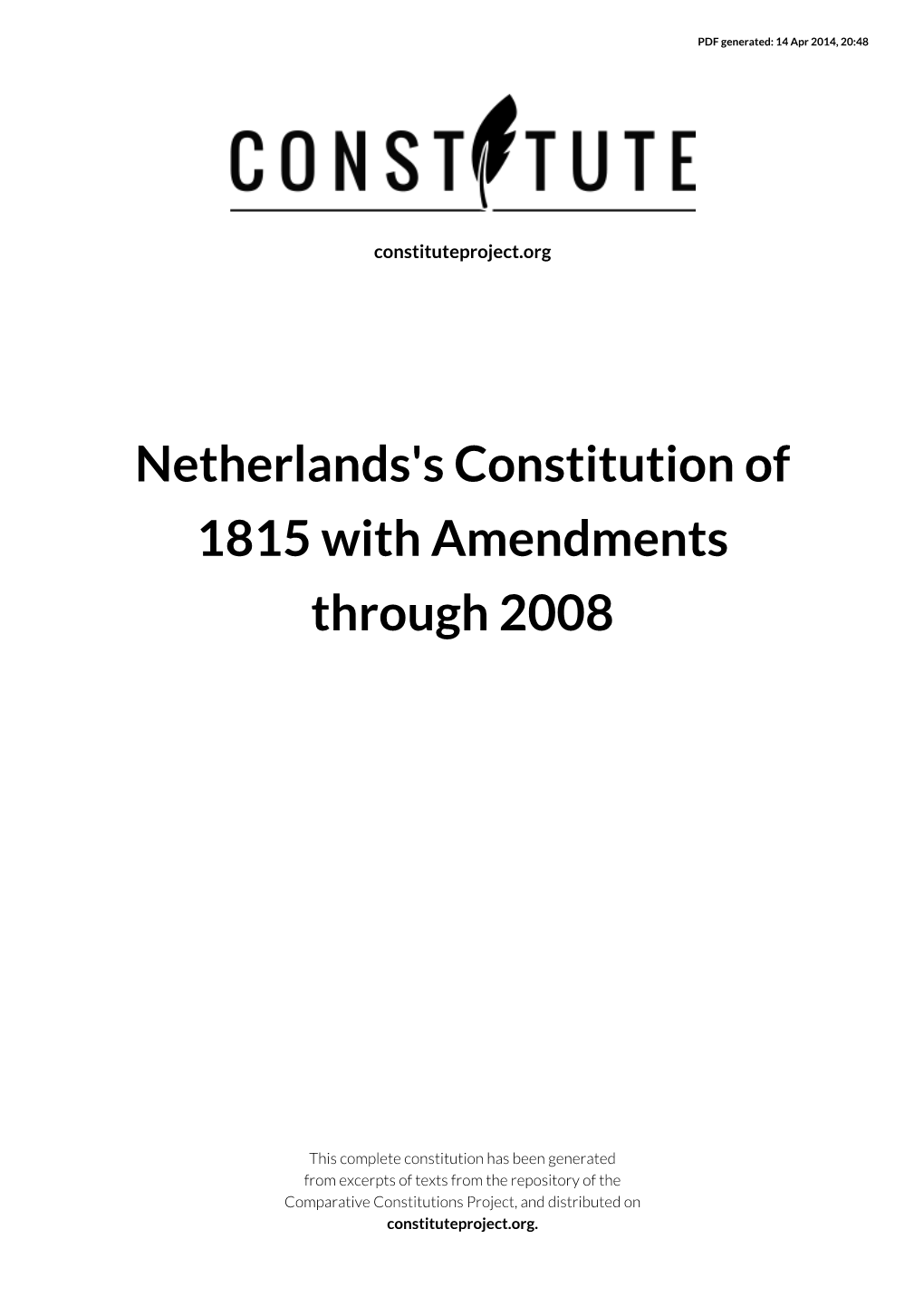 Netherlands's Constitution of 1815 with Amendments Through 2008