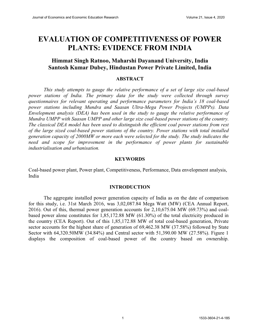 Evaluation of Competitiveness of Power Plants: Evidence from India