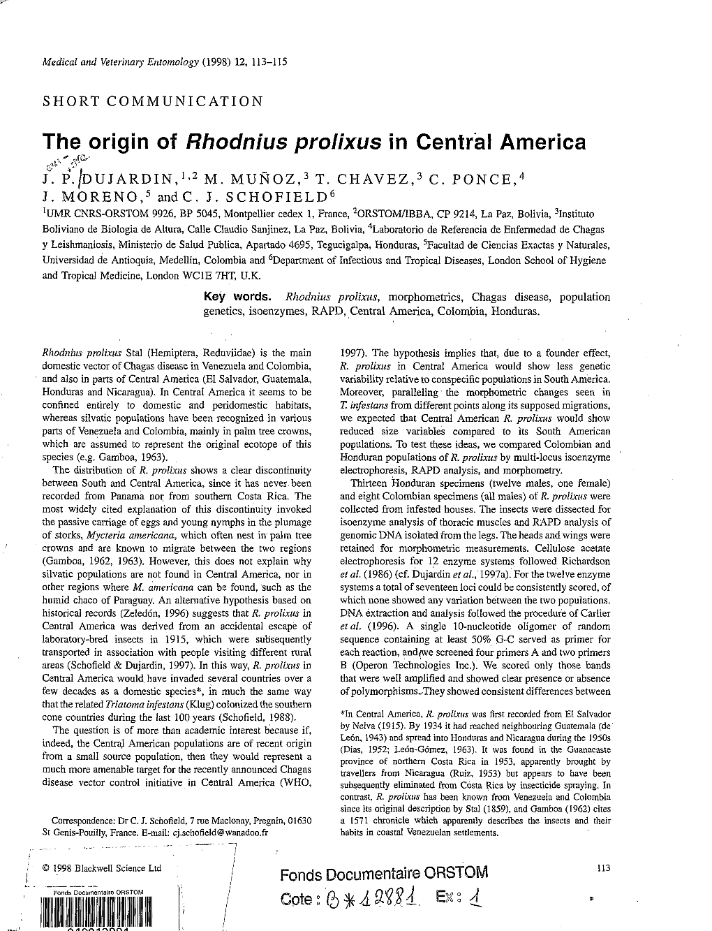 The Origin of Rhodnius Prolixus in Central America