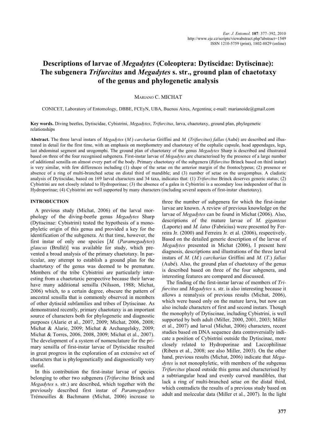 Coleoptera: Dytiscidae: Dytiscinae): the Subgenera Trifurcitus and Megadytes S