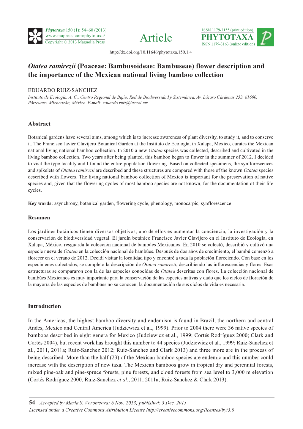 Otatea Ramirezii (Poaceae: Bambusoideae: Bambuseae) Flower Description and the Importance of the Mexican National Living Bamboo Collection