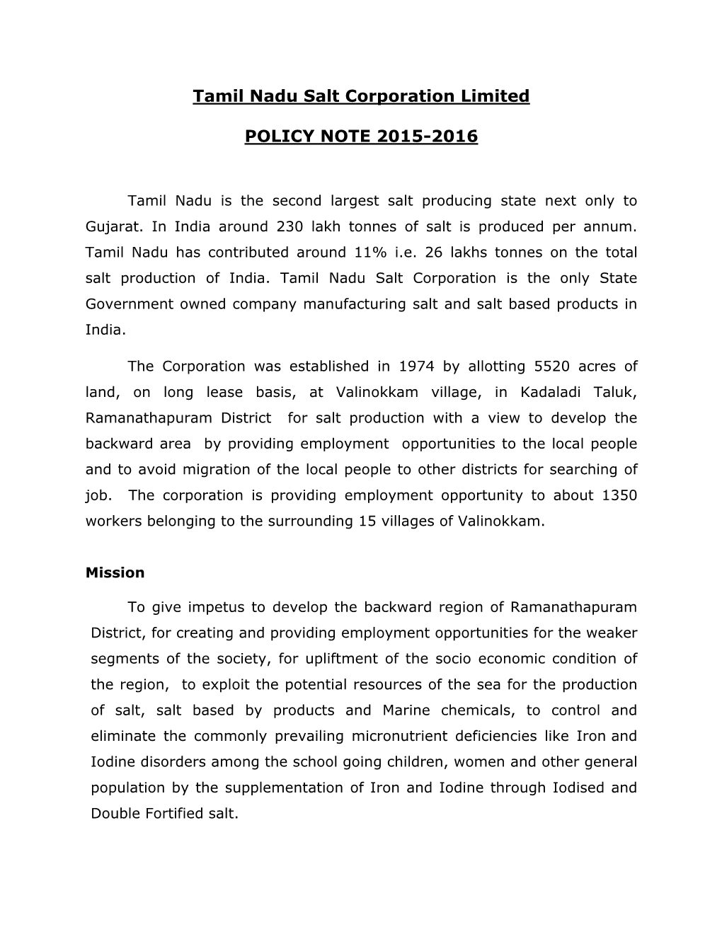 Tamil Nadu Salt Corporation Limited POLICY NOTE 2015-2016